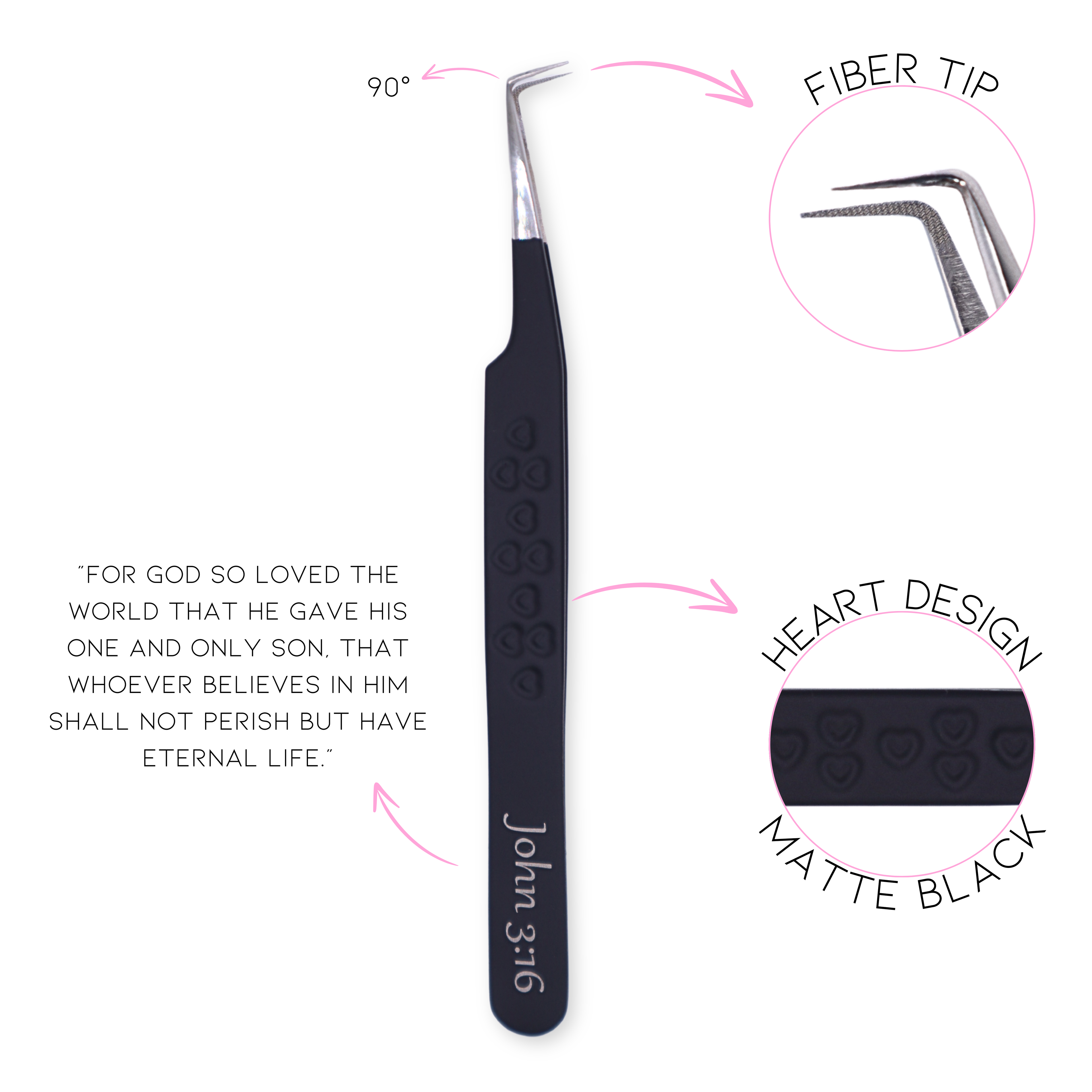 Fiber tip lash tweezers with scripture engraving for precision